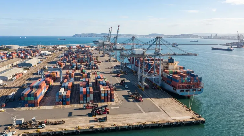 A large cargo ship being loaded with shipping containers at a busy industrial port in Japan.