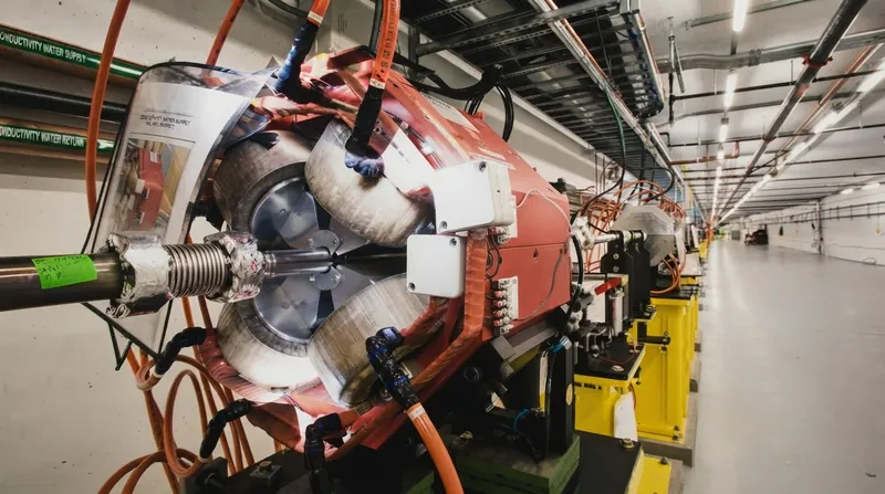 A long perspective view inside the tunnel of an X-ray free-electron laser facility, showing cylindrical metal accelerator tubes and undulator magnets.