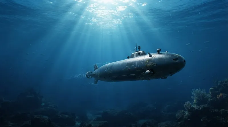 A dark grey autonomous submarine surfaced in the ocean with its upper payload doors open.