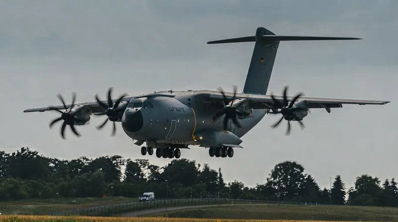 A German military Airbus A400M transport aircraft parked on the tarmac at Wunstorf air base under an overcast sky.