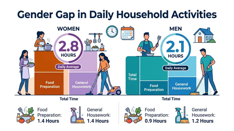 Women continue to shoulder a disproportionate share of daily household maintenance.