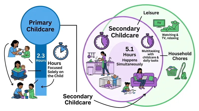 Secondary childcare adds an invisible 5.1-hour layer of ambient oversight to parents' daily routines.
