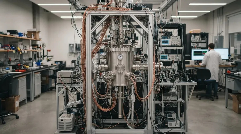 A complex cryogenic vacuum trap apparatus in a brightly lit physics laboratory with intricate metallic wiring.