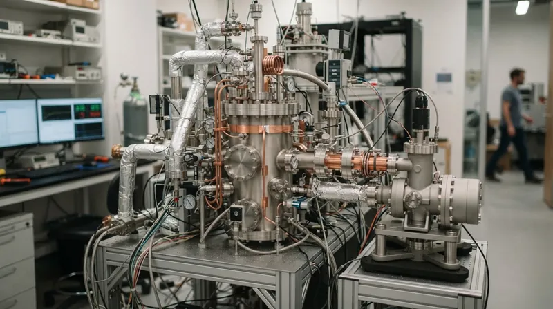 Illustration: The apparatus was cooled to 0.3 degrees above absolute zero to strip the positron of its kinetic energy.