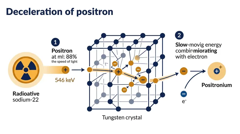 Positrons emitted by sodium-22 decay are slowed by a tungsten crystal before entering the trap.