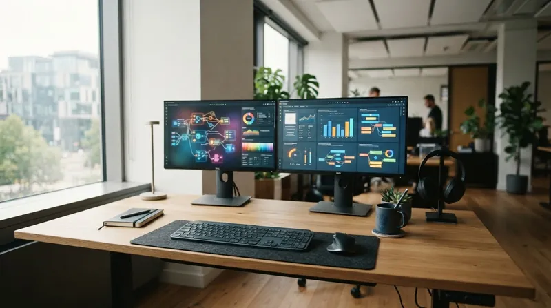 An office worker sitting at a desk looking at a dual-monitor computer setup.