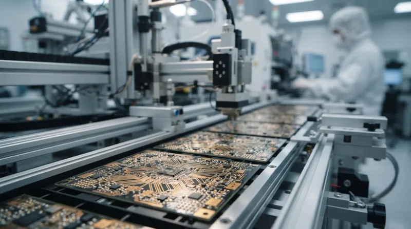 Workers in protective white cleanroom suits inspect semiconductor components in a brightly lit manufacturing facility.