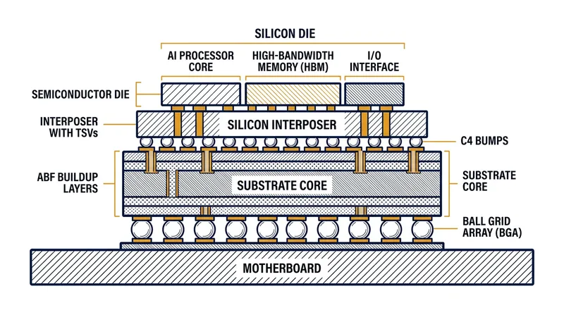 ABF substrates translate the microscopic connections on a silicon die to the larger scale of a server motherboard.