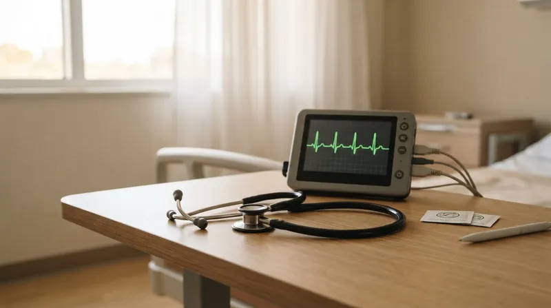 Two medical professionals reviewing a brain scan and electrocardiogram on a digital display in a clinic.