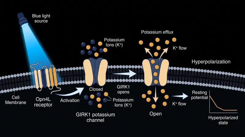 The engineered construct links a light-sensitive receptor to a potassium channel, forcing the cell to hyperpolarize when illuminated.