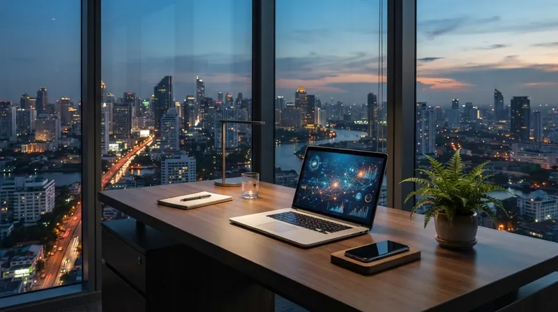 A modern skyline in Southeast Asia featuring glass skyscrapers and digital infrastructure elements.
