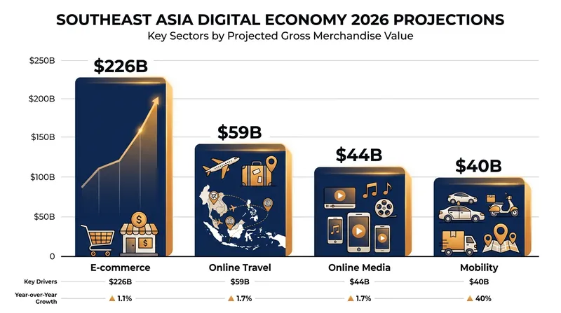 E-commerce remains the region's primary economic engine, followed by online travel and media.