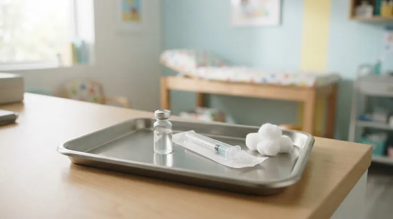 A pediatrician in a clinical setting preparing a vaccine syringe while a child waits in the background.