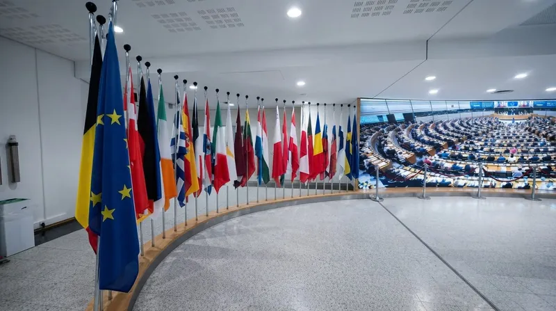 Exterior view of the European Parliament building in Brussels featuring modern glass architecture and EU flags.
