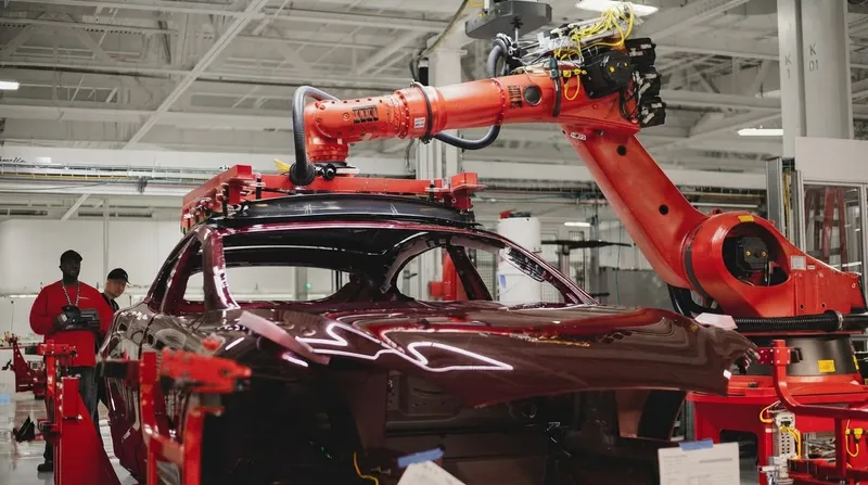 A metallic humanoid robot standing on a modern automotive assembly line under bright industrial lighting.