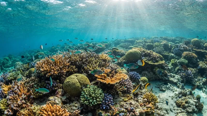 A stark white, severely bleached coral reef skeleton sits entirely devoid of color in clear ocean water.