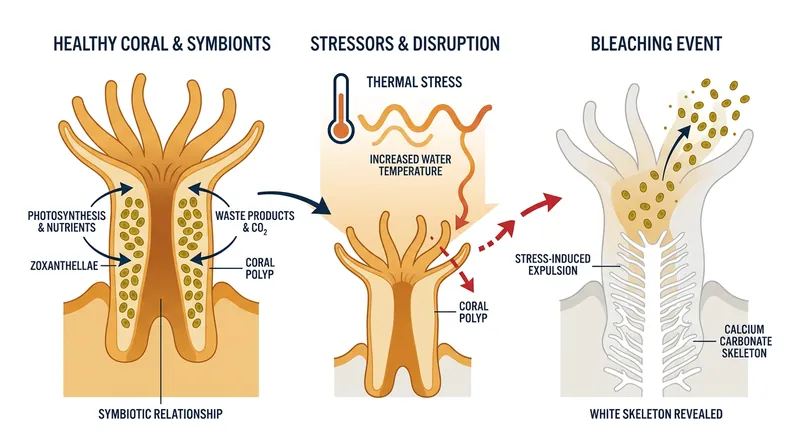 Thermal stress breaks down the symbiotic relationship between coral polyps and their energy-providing algae.