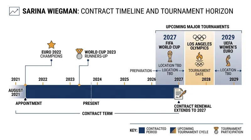 Sarina Wiegman's new contract keeps her at the helm of the Lionesses through the 2029 European Championship.