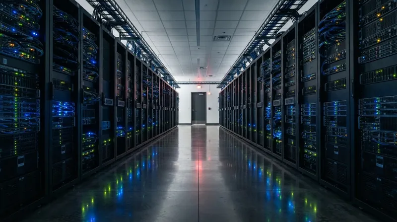 Rows of illuminated enterprise server racks inside a dark data center facility.