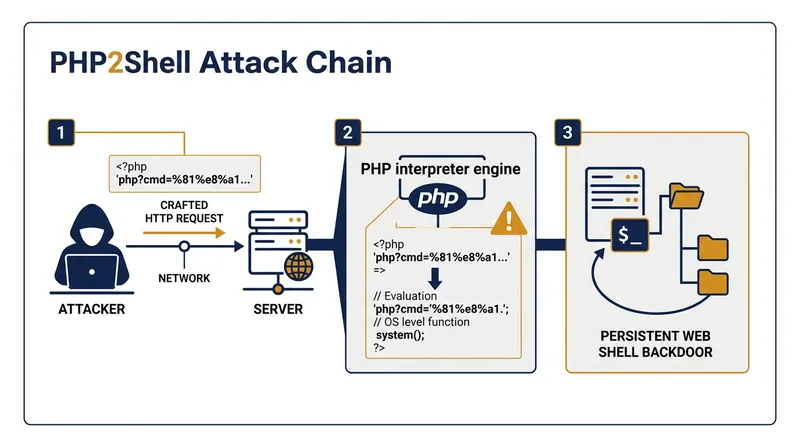 How the PHP2Shell vulnerability bypasses authentication to deploy a persistent web shell.