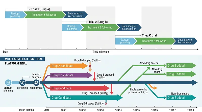 The adaptive trial design ensures that ineffective medications are rapidly dropped and replaced with new candidates.
