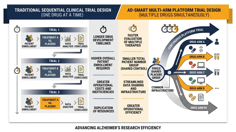 Multi-arm platform trials maximize the statistical power of a single placebo group, allowing researchers to evaluate several drugs at once.