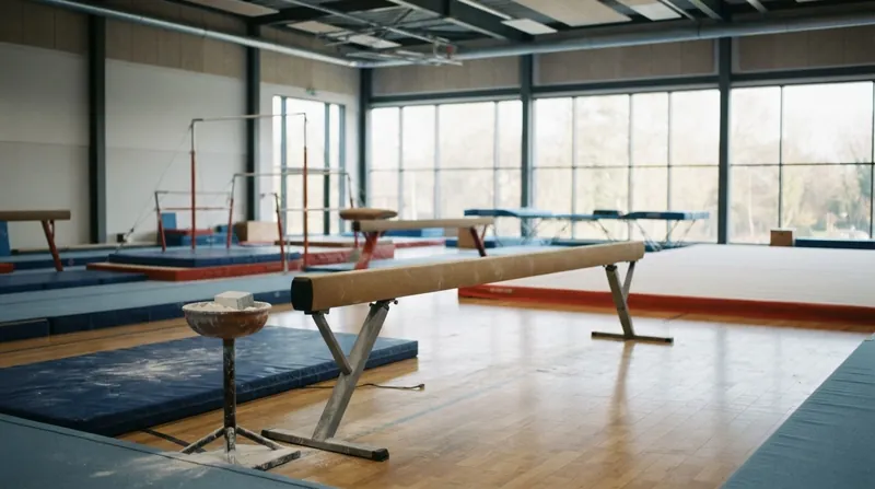 A female collegiate gymnast suspended mid-air while performing a release move on the uneven bars.
