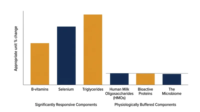 While B vitamins and triglycerides respond to maternal diet, the immune and structural core of breast milk remains biologically buffered.