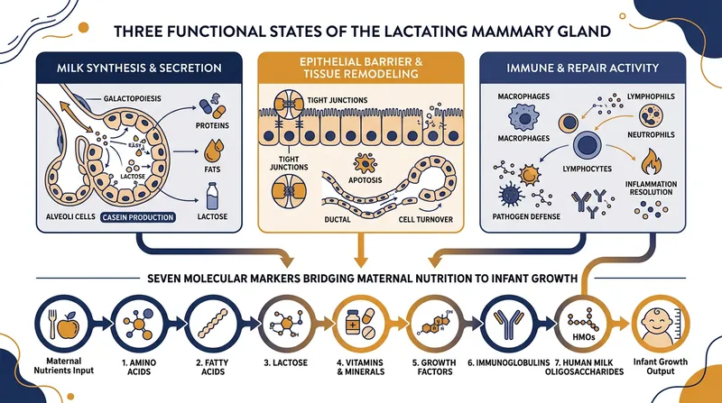 The mammary gland operates across three interconnected functional states to regulate milk composition.