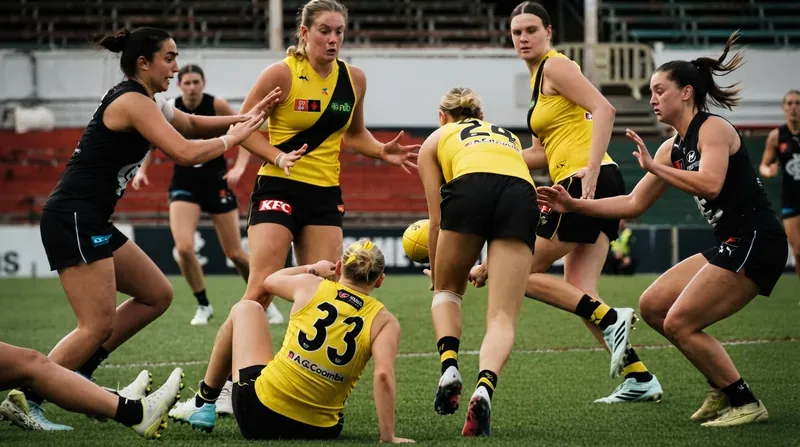 A North Melbourne Kangaroos AFLW player kicks the ball out of a contested stoppage during a match.
