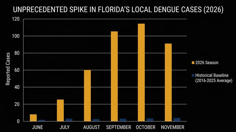 The 2026 outbreak represents the highest number of locally acquired dengue cases in the continental US since 1935.