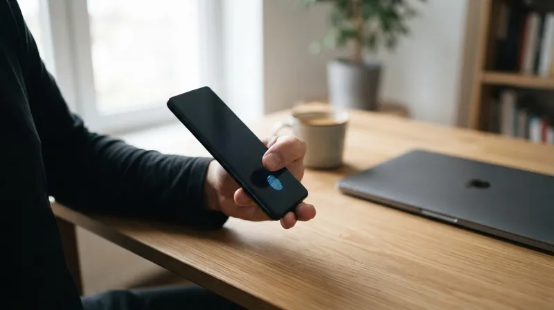 A person's hand holding a smartphone displaying a biometric fingerprint authentication prompt against a blurred background.