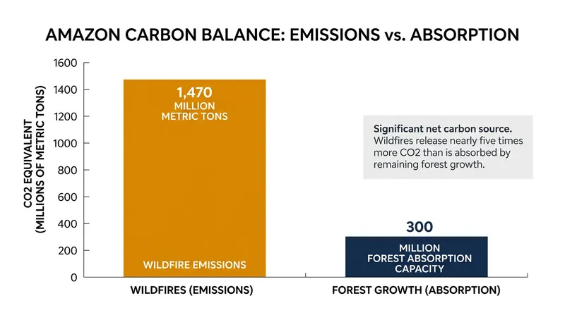 Wildfire emissions in the Amazon now outpace the forest's natural carbon absorption capacity by nearly five to one.