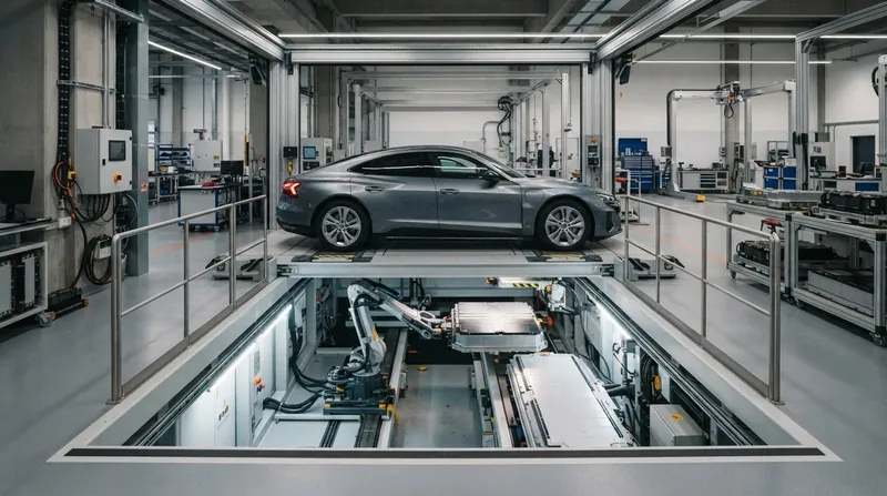 Illustration: The automated facilities physically remove a depleted battery pack and bolt in a fully charged replacement in minutes.