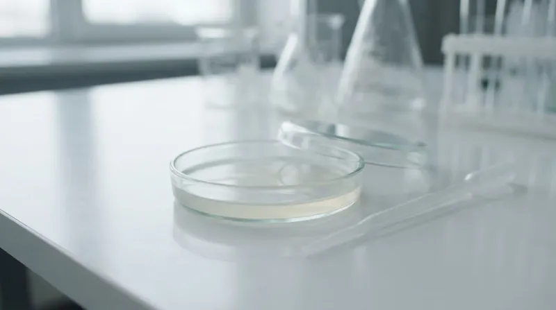 A scientist in protective gear holds a glass vial of clear liquid in a bright laboratory.