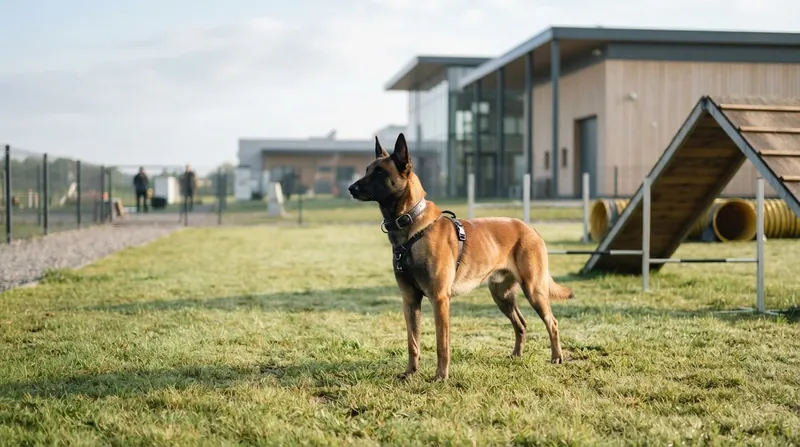 A military working dog wearing a tactical harness stands at attention outdoors.