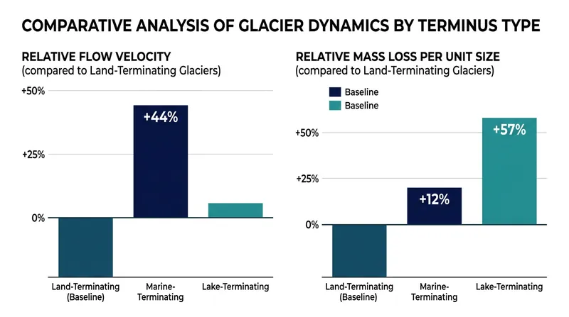 Flow speed and mass loss rates accelerate significantly when a glacier's terminus sits in water.
