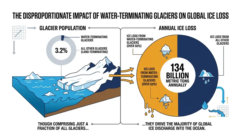A stark imbalance: the small fraction of glaciers ending in water drives the majority of global ice loss.