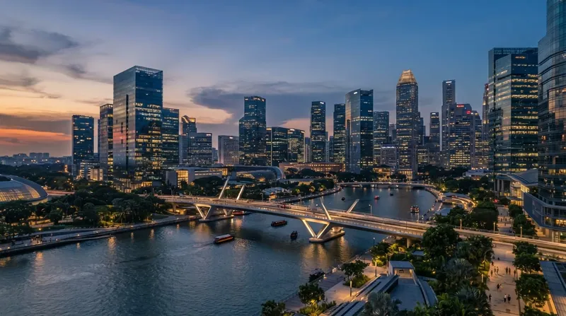 Sleek skyscrapers in a modern Southeast Asian financial district illuminated at dusk.