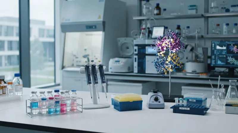 A researcher in a white coat examines a digital DNA model on a clear glass screen in a bright laboratory.