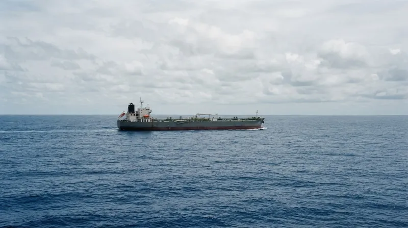 A large commercial oil tanker navigating open ocean waters under a clear sky.