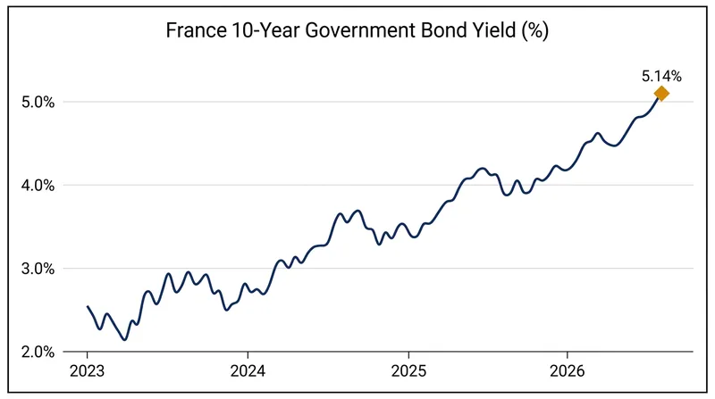 French borrowing costs have broken above the 5% threshold for the first time since July 2002.