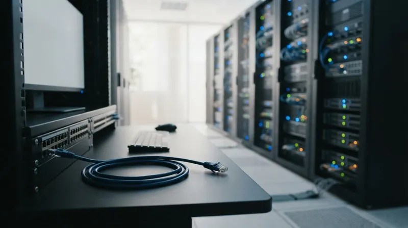 A secure server room showing disconnected fiber optic cables hanging near a routing switch.