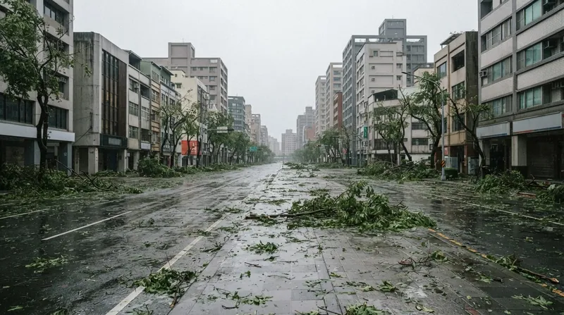 Illustration: Downed trees and debris block roads in Taipei as the city extends office and school closures.