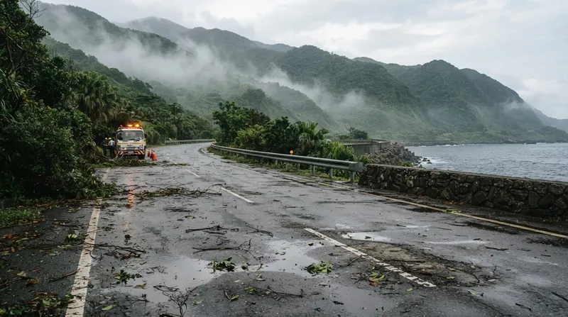 Illustration: Emergency crews work to clear flooded coastal roads as the storm tracks north toward the Chinese mainland.