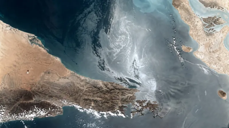 Aerial view of commercial cargo ships navigating the narrow blue waters of the Strait of Hormuz.