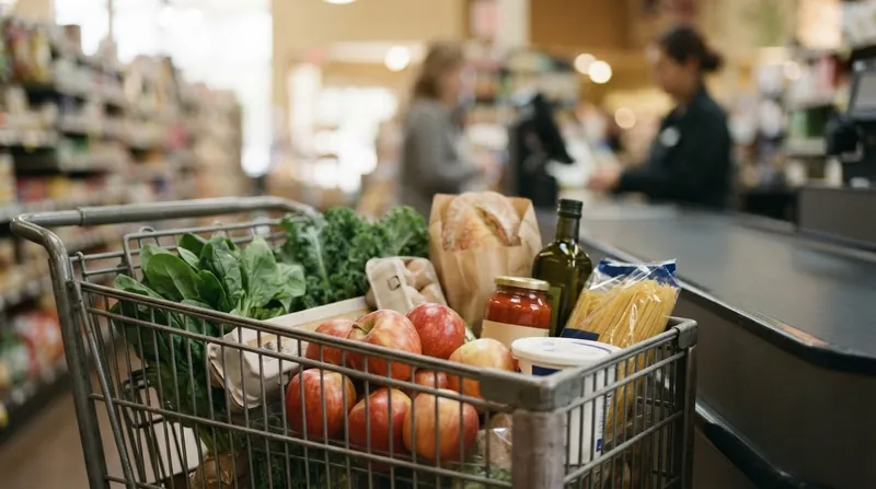 A customer paying for groceries at a supermarket checkout terminal while looking at the receipt.