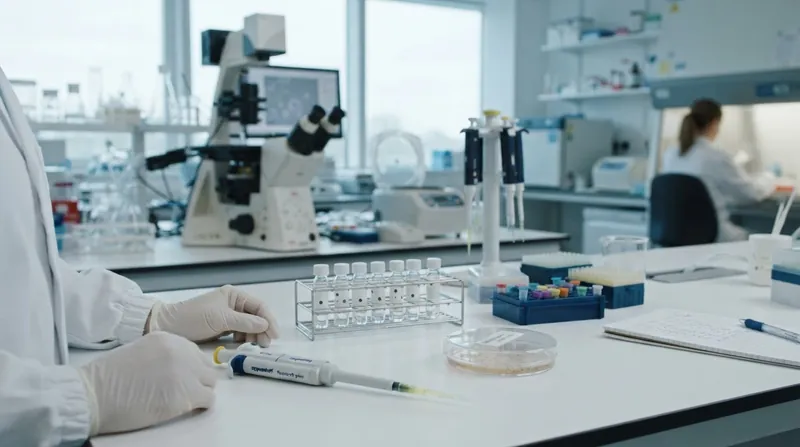 A medical researcher in a white lab coat examines samples under a high-powered microscope in a modern laboratory.
