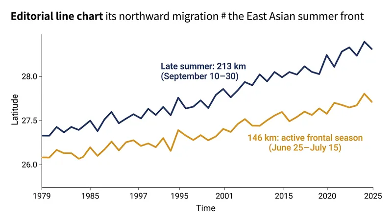 The East Asian summer front has migrated up to 213 kilometers north since 1979.