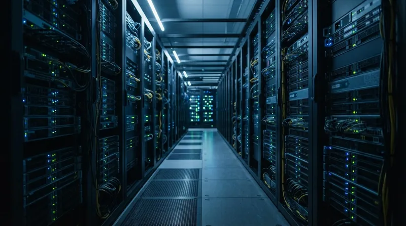 Rows of illuminated server racks in a modern data center representing decentralized network infrastructure.